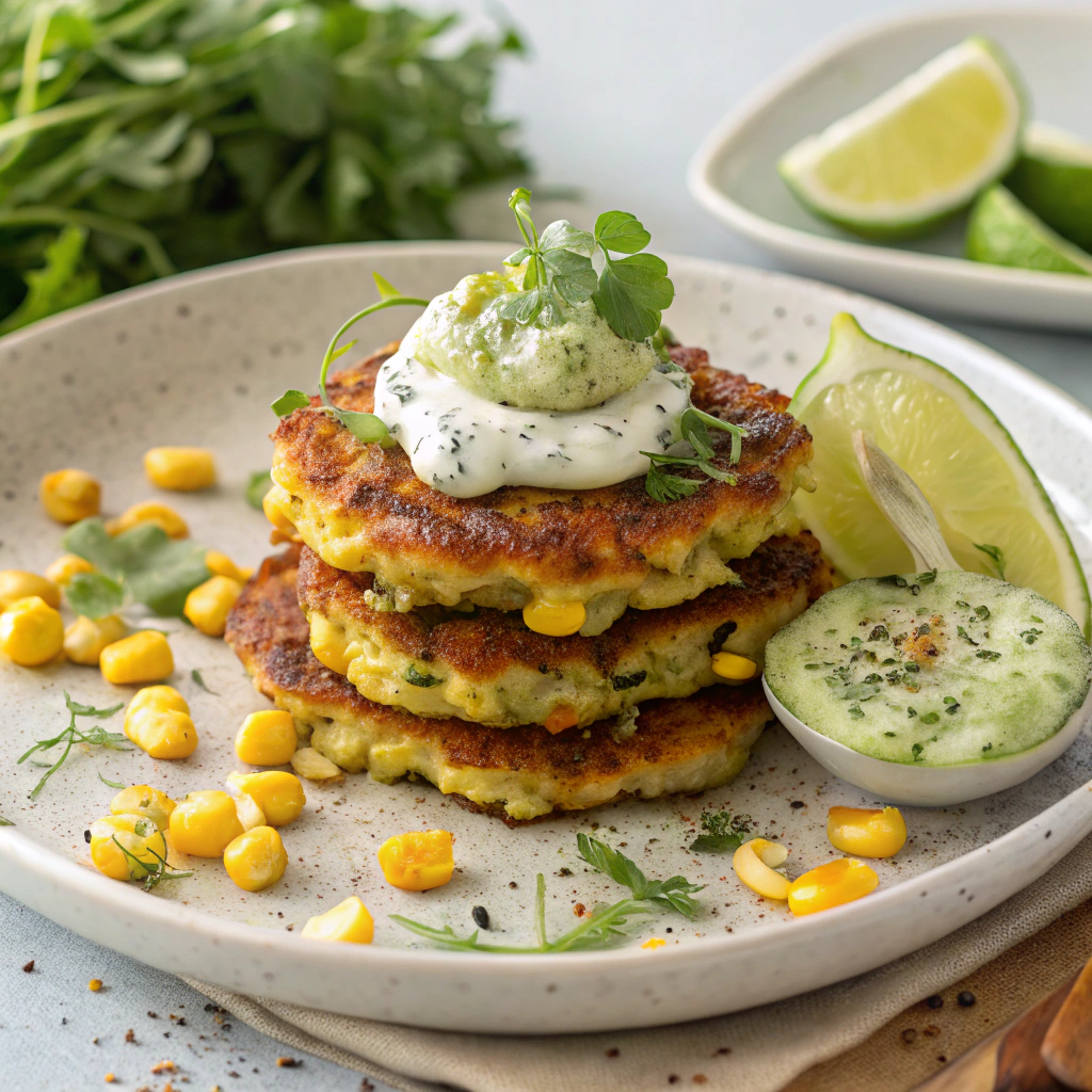 Crispy Caramelized Leek and Sweet Corn Fritters with Herbed Yogurt Caramelized Leek and Sweet Corn Fritters
