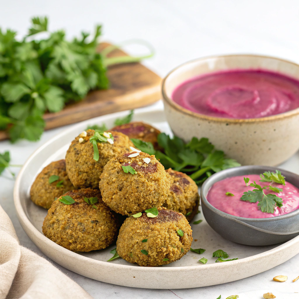 Crispy Baked Falafel with Beetroot Tahini Sauce Baked Falafel with Beetroot Tahini