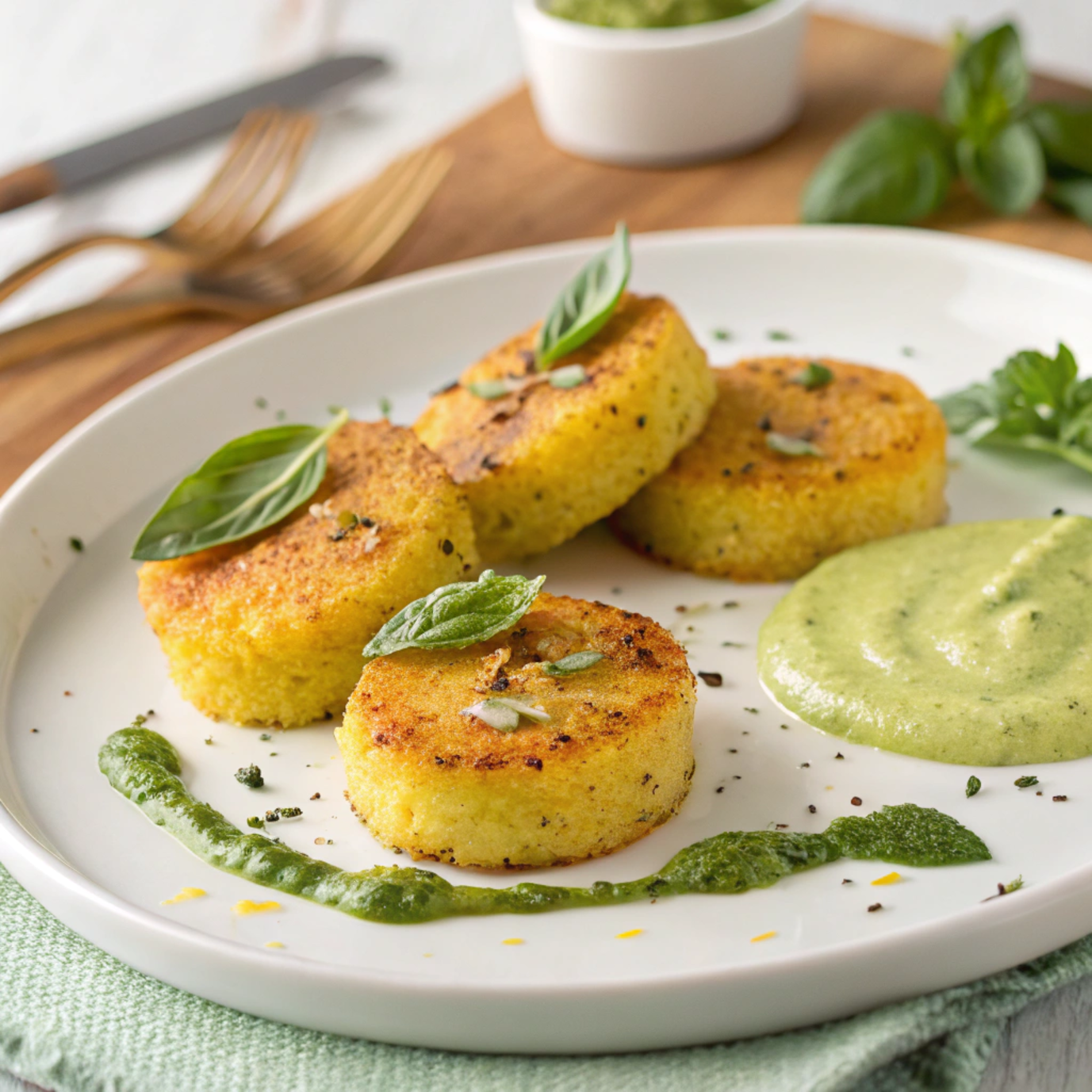 Crispy Polenta Cakes with Zesty Lemon Basil Aioli Crispy Polenta Cakes