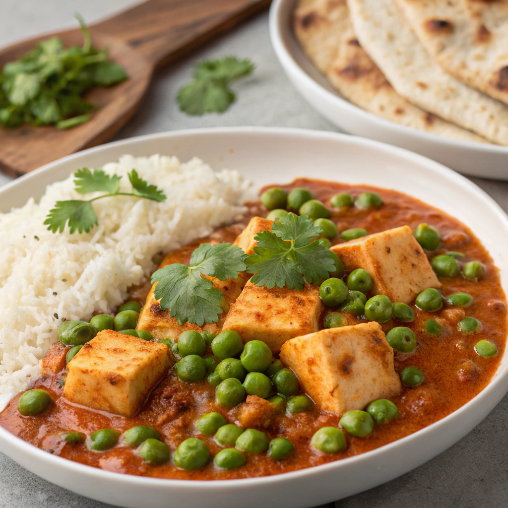 delicious-matar-paneer-recipe Delicious Matar Paneer served with steamed basmati rice.