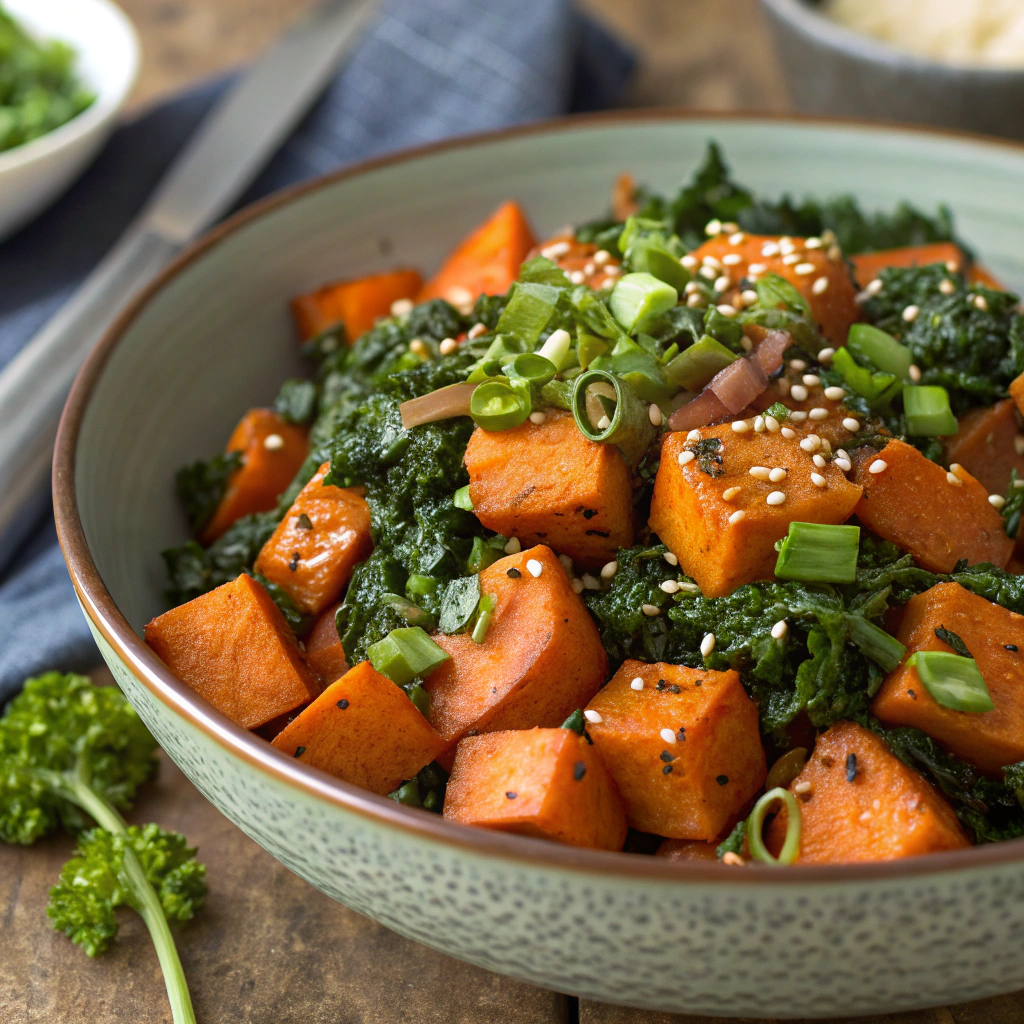 garlic-sesame-sweet-potato-and-kale-stir-fry (1) Sweet Potato Kale Stir-Fry