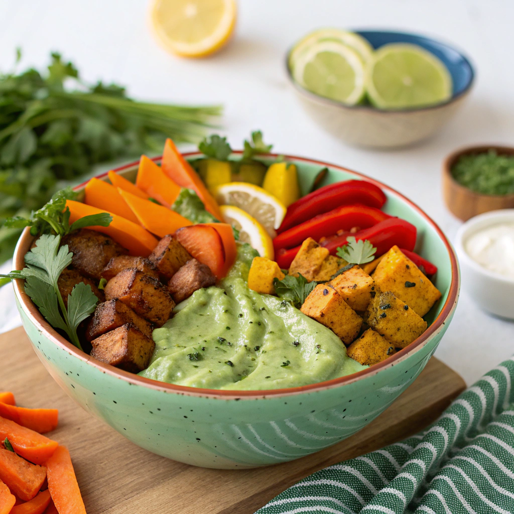 Nutritious Green Goddess Buddha Bowl with Roasted Vegetables Green Goddess Buddha Bowl