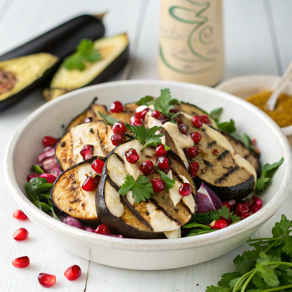 Grilled Eggplant and Pomegranate Salad with Tahini Dressing Grilled Eggplant Pomegranate Salad