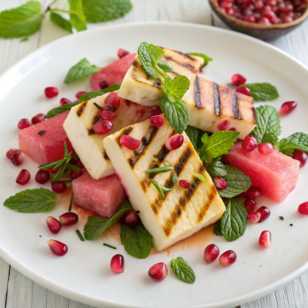 Grilled Halloumi and Watermelon Salad with Mint-Pomegranate Dressing Grilled Halloumi Salad