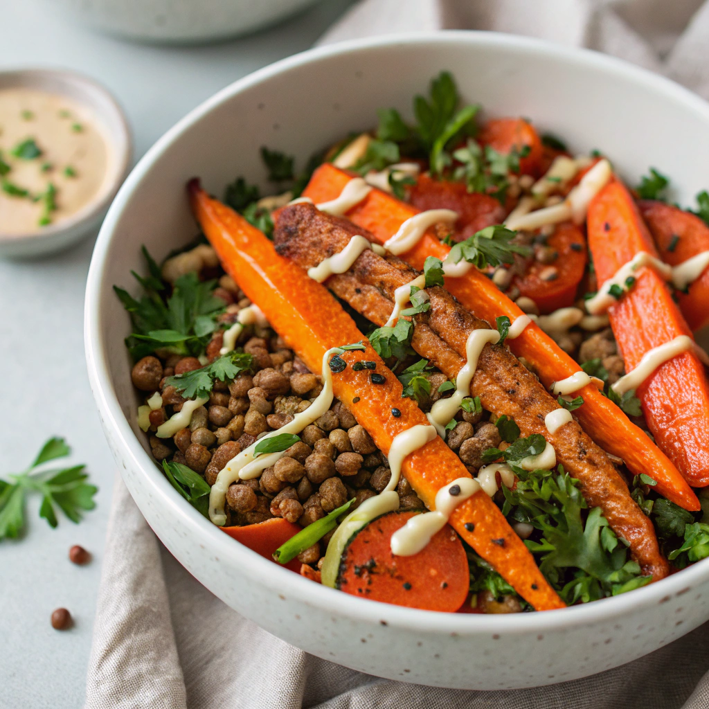 herbed-lentil-and-roasted-carrot-bowl-with-tahini- Lentil and Roasted Carrot