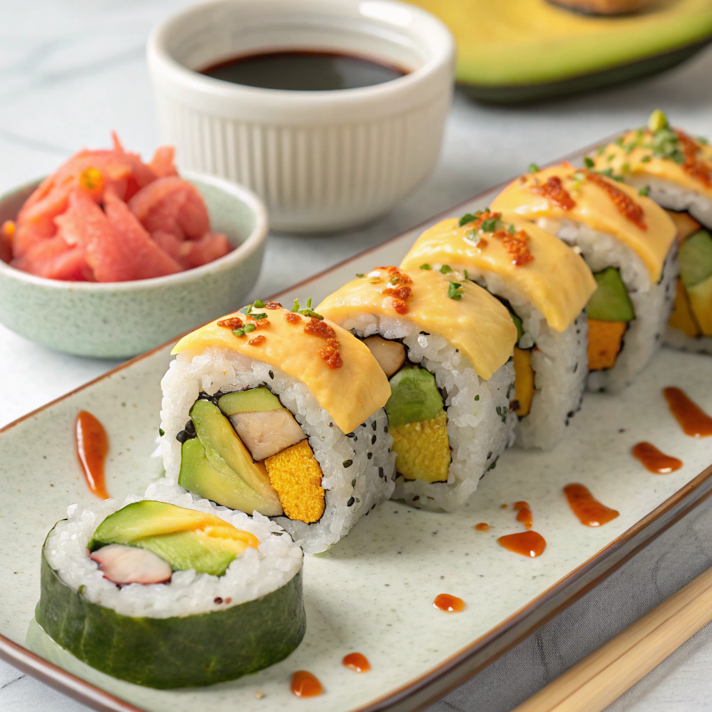 Mango and Avocado Sushi Rolls with Spicy Mayo Mango Avocado Sushi Rolls