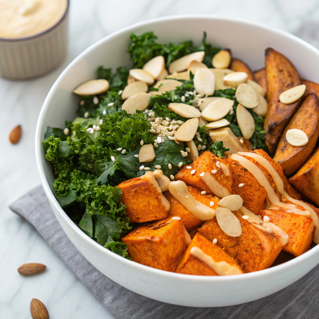 Roasted Sweet Potato and Kale Power Bowl with Tahini Dressing