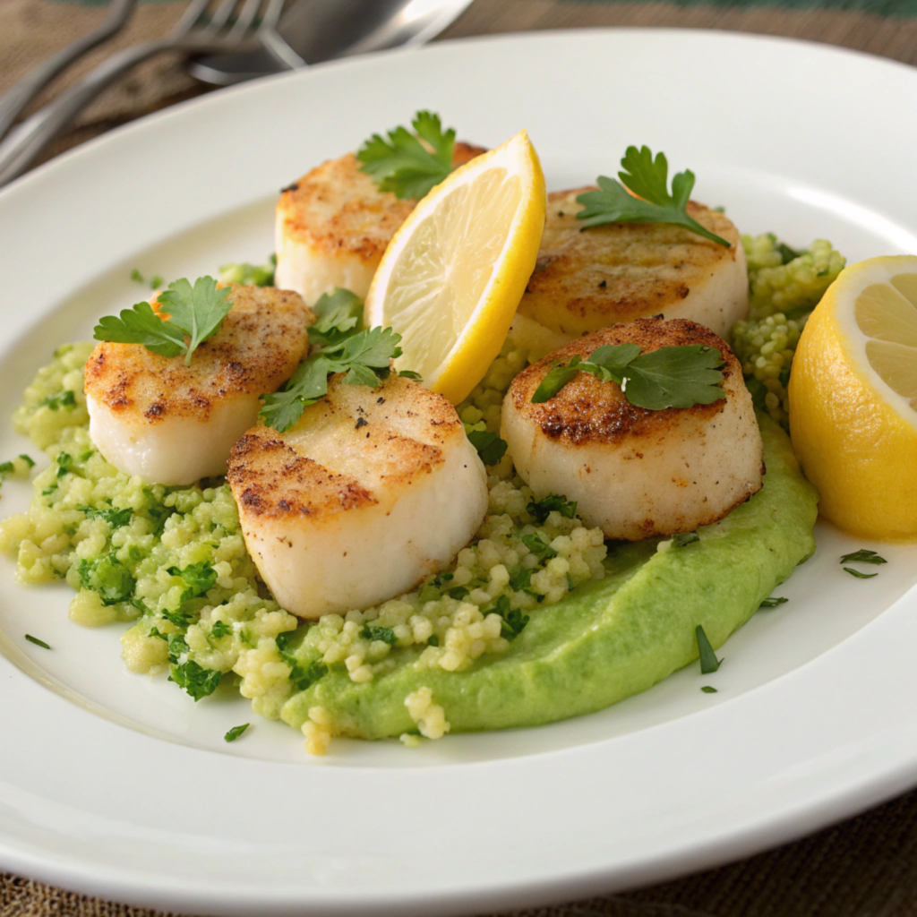 Seared Scallops with Lemon Herb Quinoa and Pea Purée Seared Scallops with Lemon Herb Quinoa