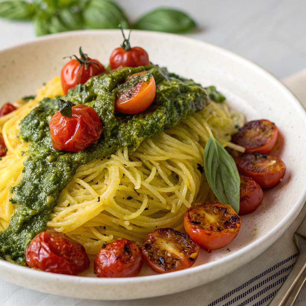 Delicious Spaghetti Squash with Pesto and Roasted Cherry Tomatoes Spaghetti Squash with Pesto and Roasted Cherry Tomatoes