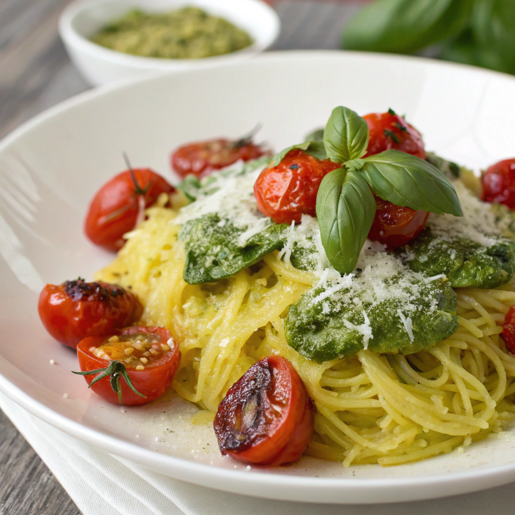Spaghetti Squash with Pesto and Roasted Cherry Tomatoes