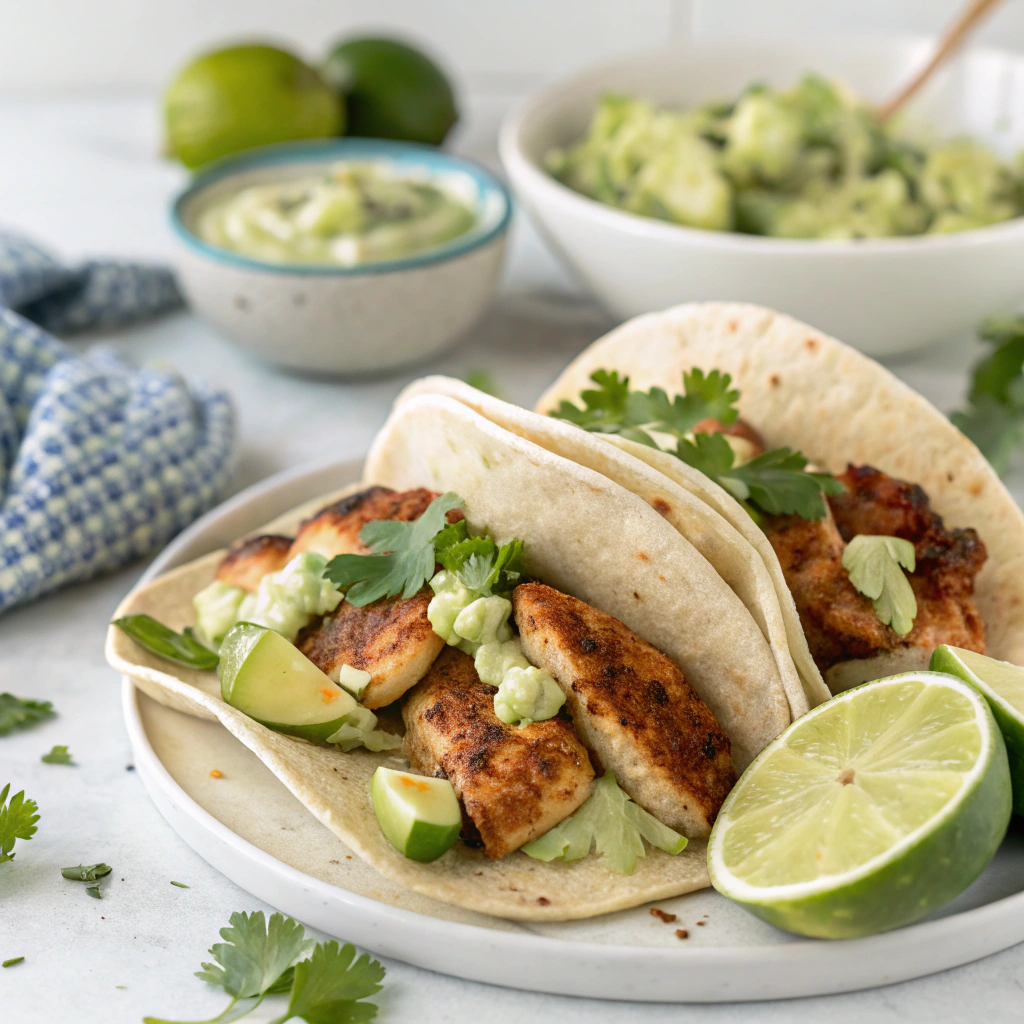 Spicy Blackened Fish Tacos with Creamy Avocado Salsa Spicy Blackened Fish Tacos with Creamy Avocado Salsa