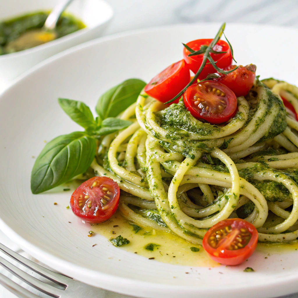 zucchini-noodles-with-pesto-and-cherry-tomatoes Fresh Zucchini Noodles with Pesto and Cherry Tomatoes