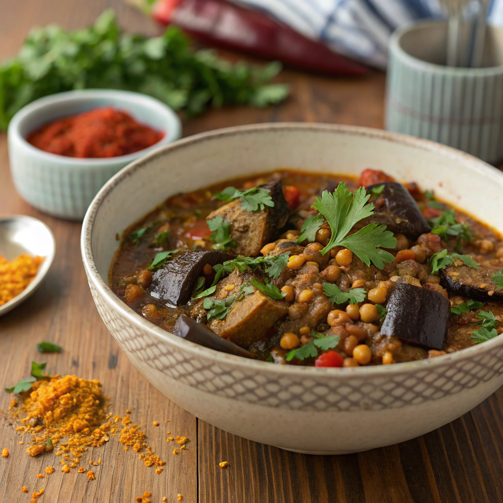 Savory Berber-Inspired Lentil and Roasted Eggplant Stew with Ras el Hanout Lentil and Roasted Eggplant Stew