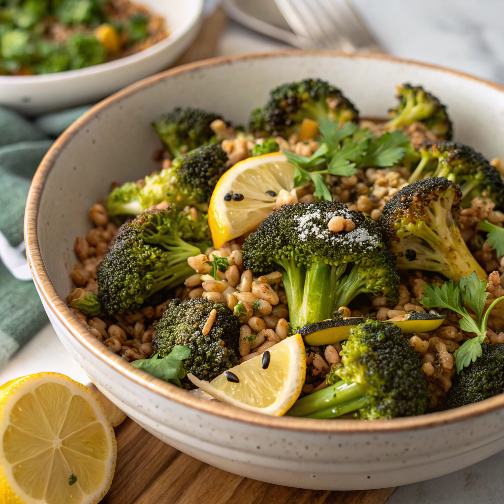 Charred Broccoli and Farro Salad with Lemon-Honey Vinaigrette Charred Broccoli and Farro Salad with Lemon-Honey Vinaigrette