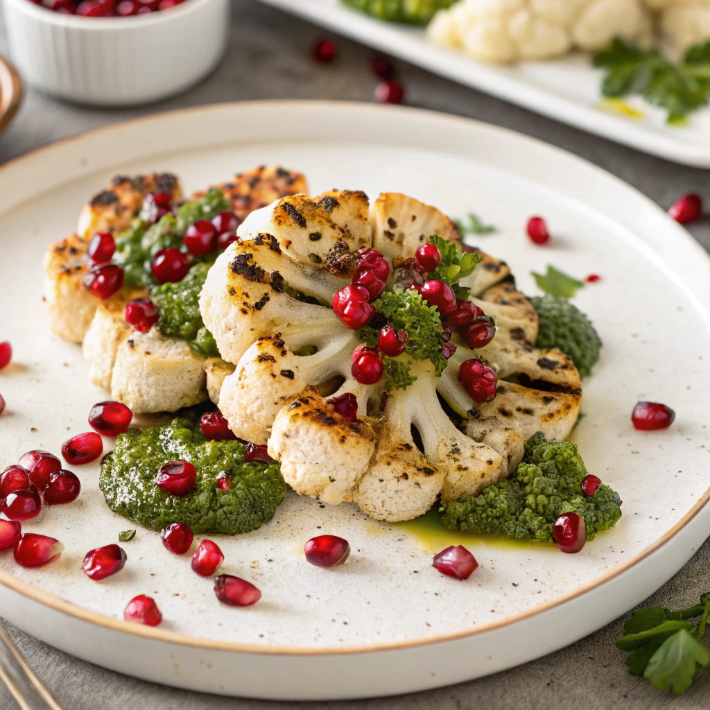 Chermoula-Marinated Grilled Cauliflower Steaks with Pomegranate Marinated Grilled Cauliflower Steaks