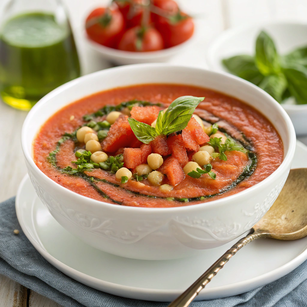 Chickpea and Tomato Gazpacho with Fresh Basil Oil Chickpea and Tomato Gazpacho