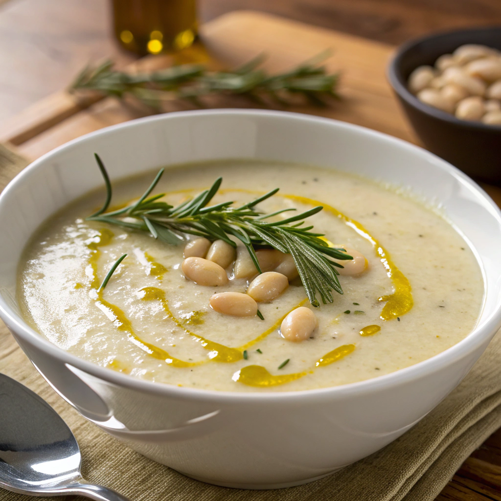 Creamy White Bean and Rosemary Soup with Olive Oil Drizzle