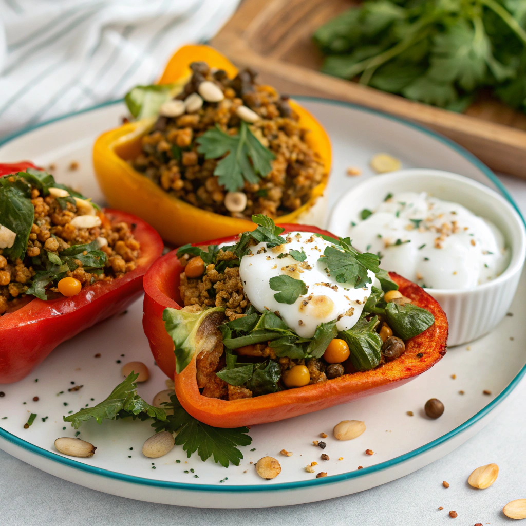 Spicy Curried Lentil and Spinach Stuffed Bell Peppers with Coconut Yogurt Curried Lentil Stuffed Peppers
