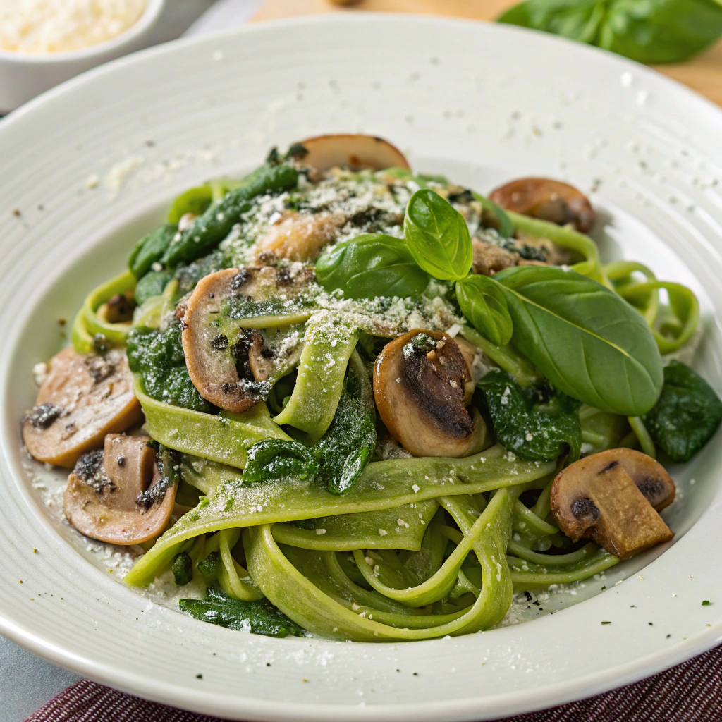 eating-spinach-and-mushroom-pasta (1) Spinach and Mushroom Pasta