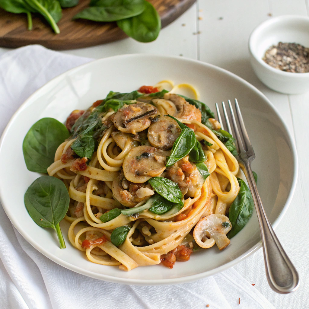 eating-spinach-and-mushroom-pasta Spinach and Mushroom Pasta
