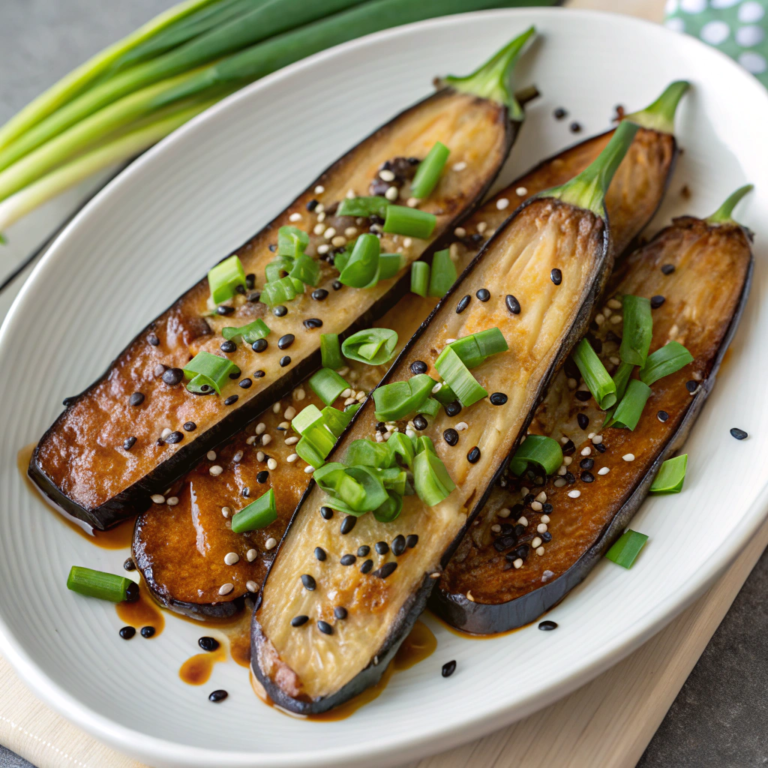 Ginger Miso Glazed Eggplant with Scallions and Black Sesame