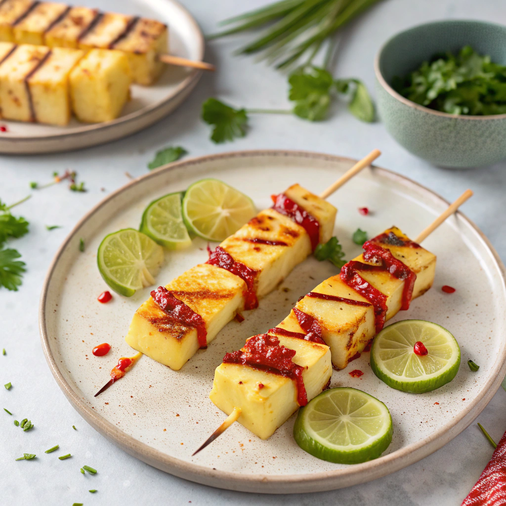 Zesty Grilled Pineapple and Halloumi Skewers with Chili-Lime Glaze Pineapple and Halloumi Skewers