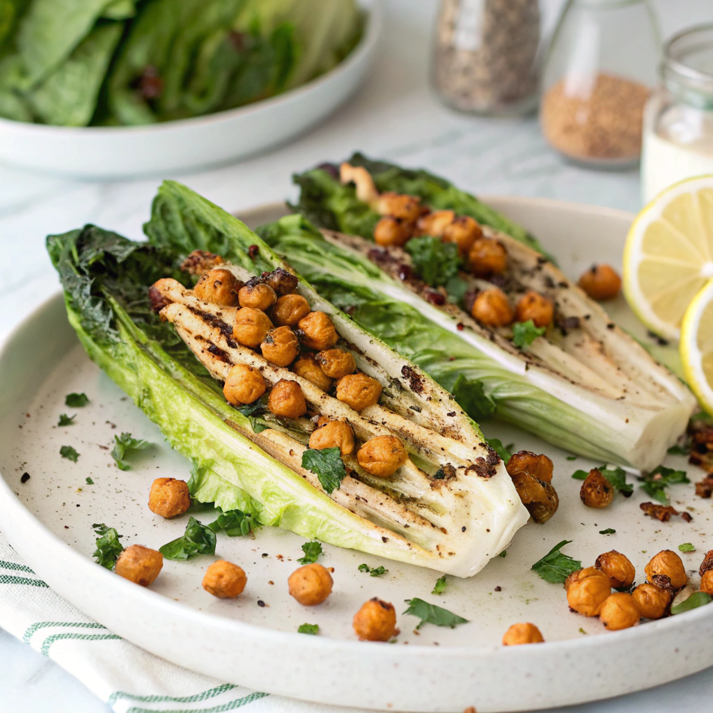 Grilled Romaine Hearts with Tahini Caesar Dressing and Crispy Chickpeas Grilled Romaine Caesar