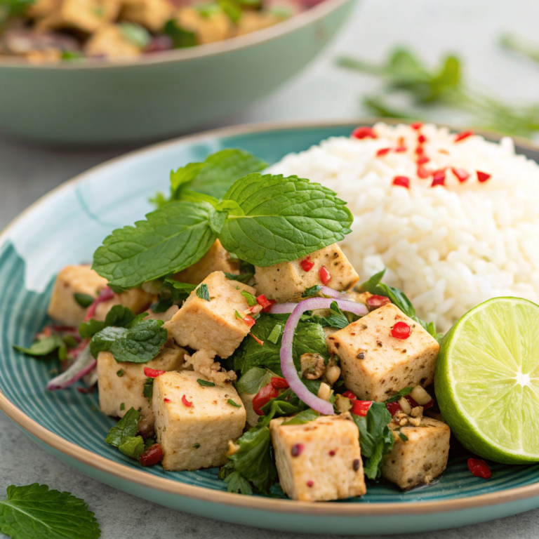 Crispy Tofu Larb with Toasted Rice Powder and Lime - Greens and Beyond