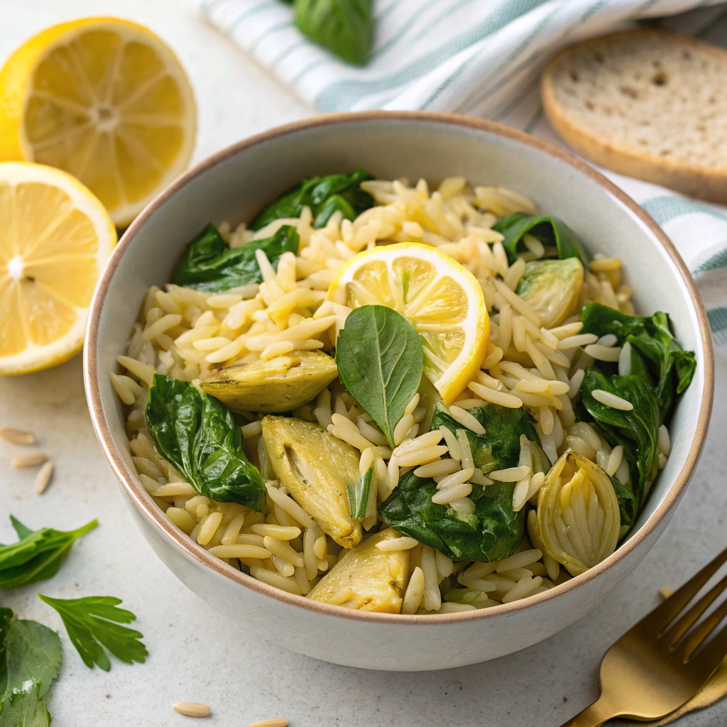 Lemon Orzo with Spinach and Artichokes