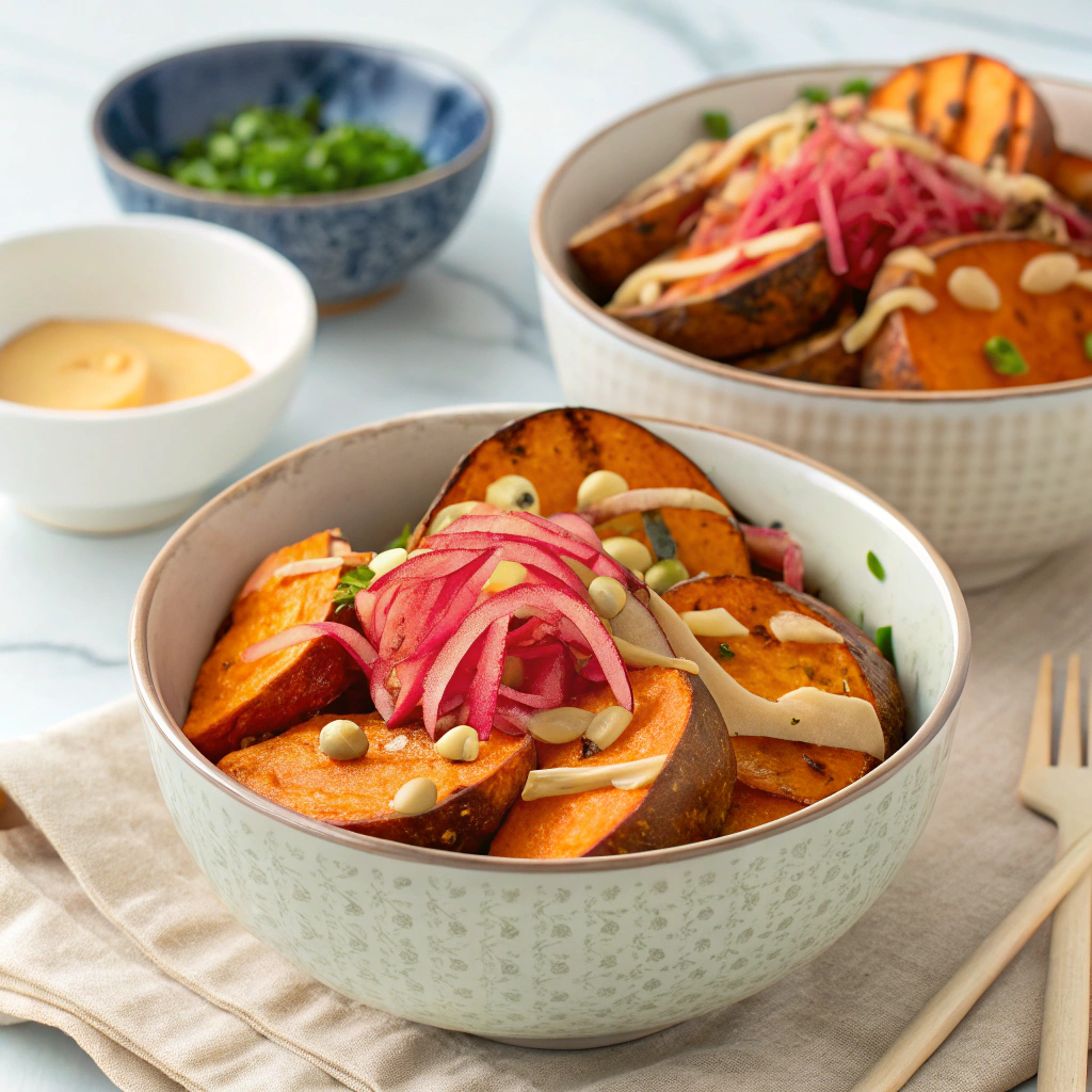 Savory Miso-Tahini Roasted Sweet Potato Bowls with Pickled Ginger Roasted Sweet Potato Bowls