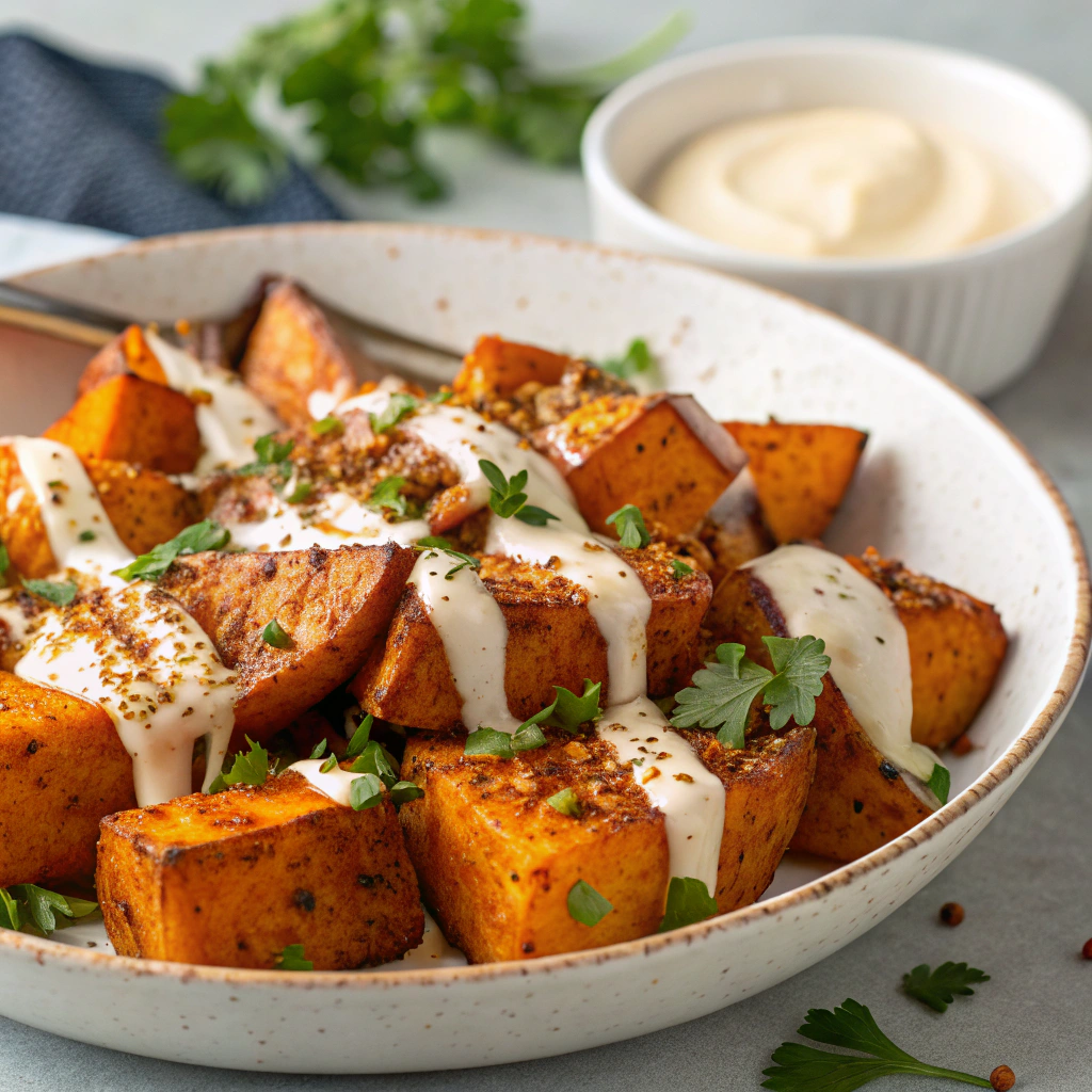 Ras el Hanout-Spiced Roasted Sweet Potatoes with Creamy Tahini Drizzle Ras el Hanout-Spiced Roasted Sweet Potatoes