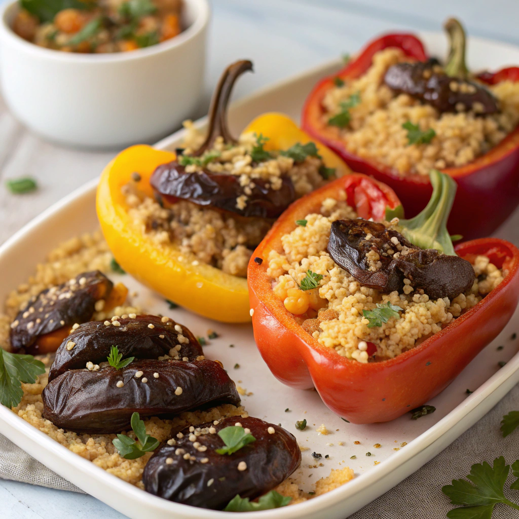 Savory Roasted Bell Peppers Stuffed with Spiced Bulgur and Sweet Dates Roasted Bell Peppers Stuffed