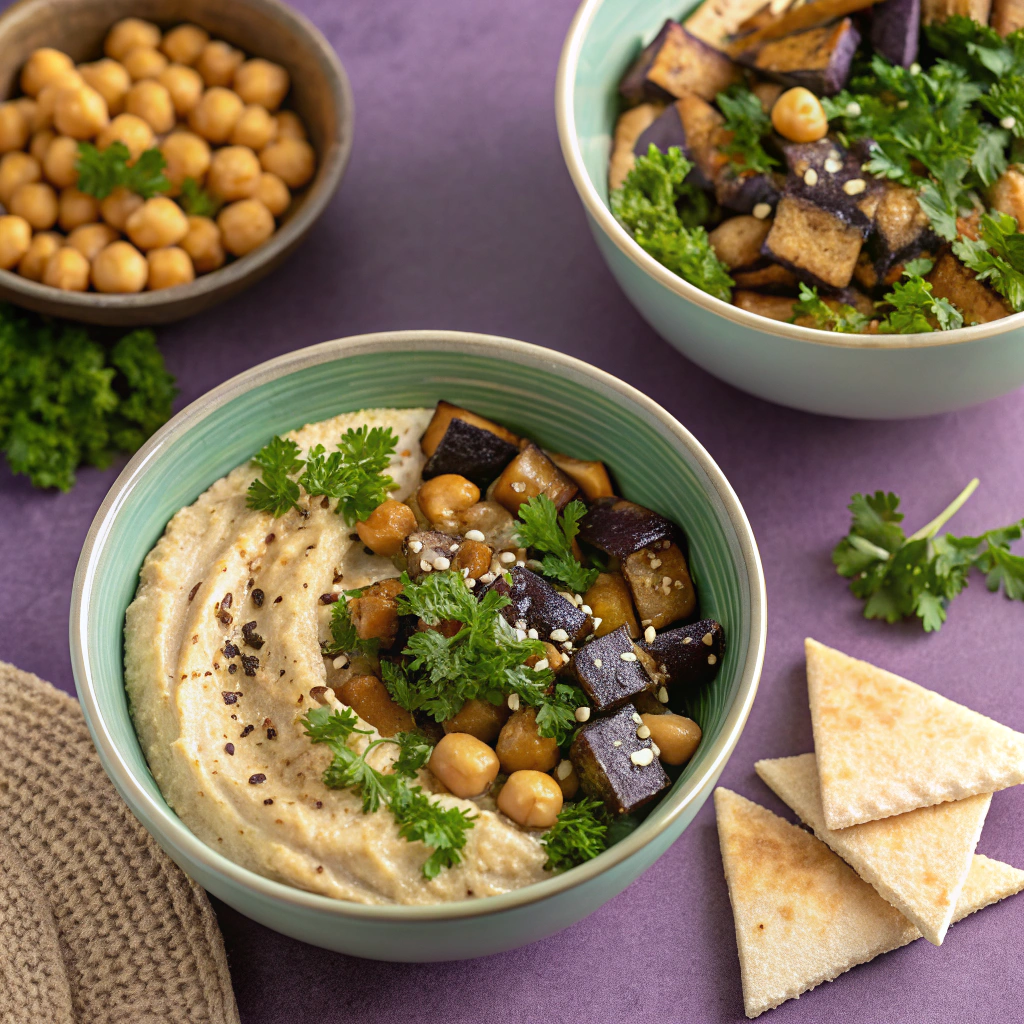 Savory Roasted Eggplant and Chickpea Hummus Bowls with Za’atar Pita Chips Eggplant and Chickpea Hummus