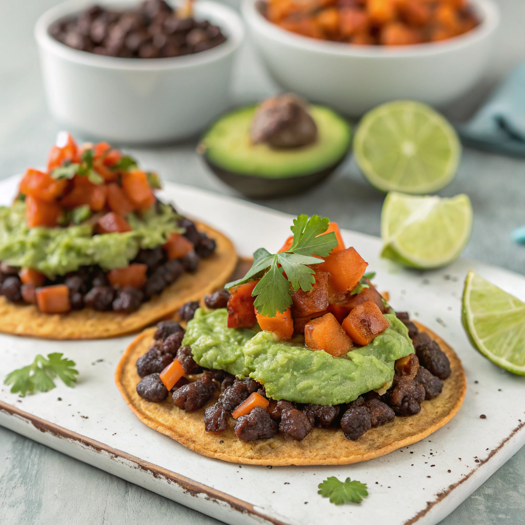 Black Bean and Sweet Potato Tostadas with Creamy Avocado Sauce