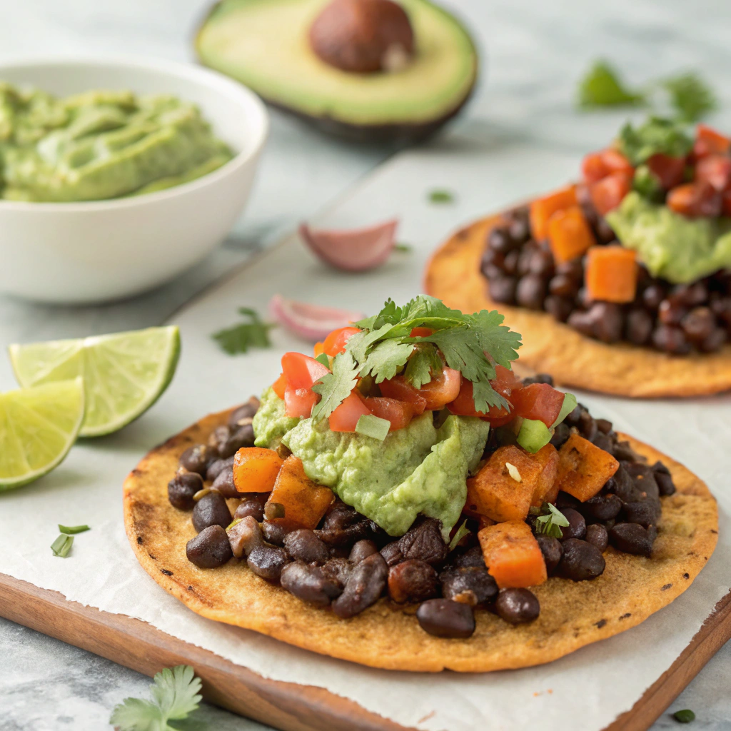 Smoky Black Bean and Sweet Potato Tostadas with Creamy Avocado Sauce Black Bean and Sweet Potato Tostadas with Creamy Avocado Sauce