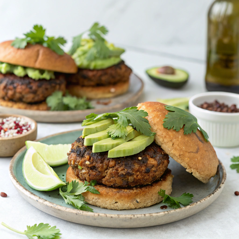 Black Bean and Quinoa Burgers with Creamy Avocado Slaw