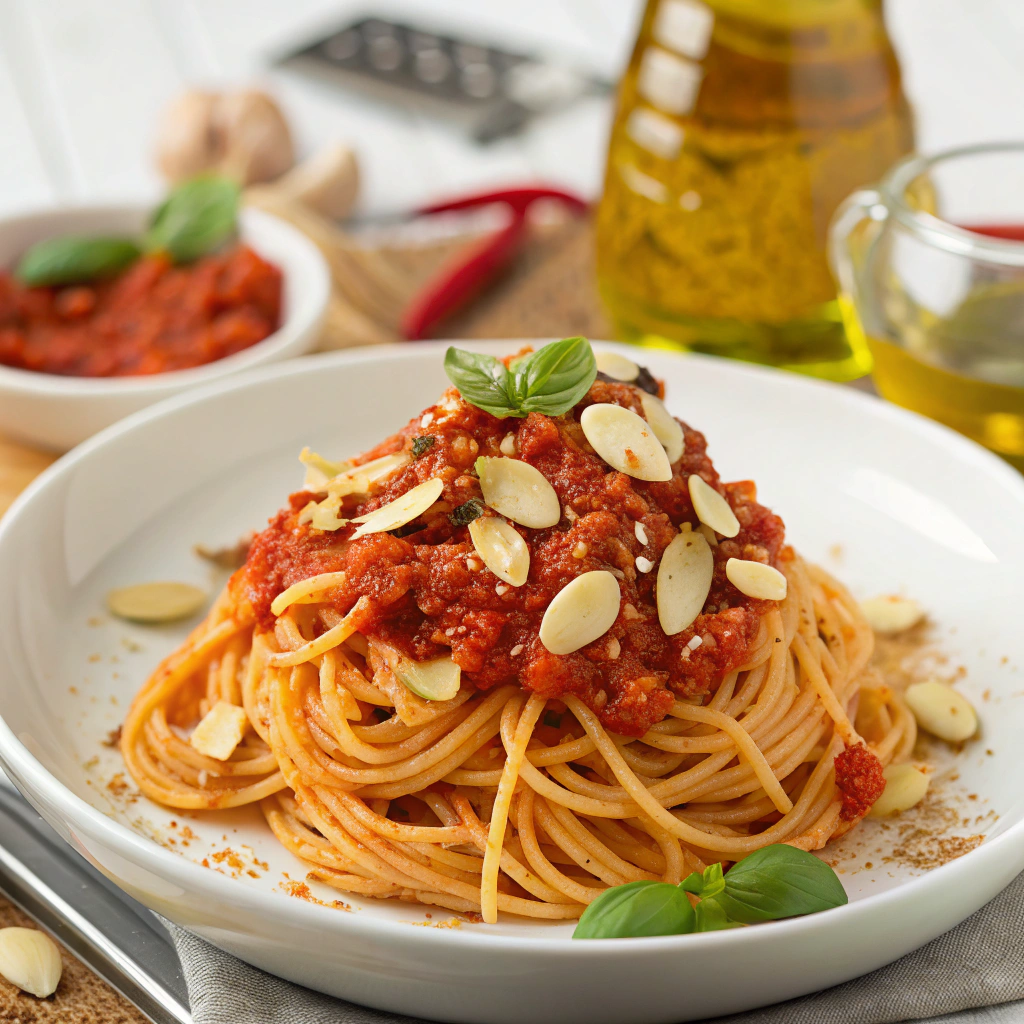 Spaghetti with Roasted Red Pepper Pesto and Toasted Almonds Spaghetti with Roasted Red Pepper Pesto and Toasted Almonds