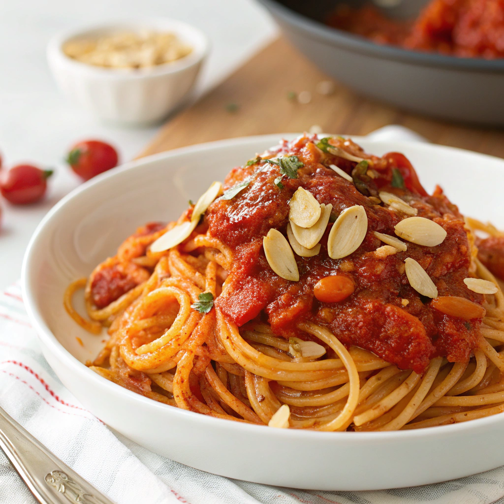 Spaghetti with Roasted Red Pepper Pesto and Toasted Almonds