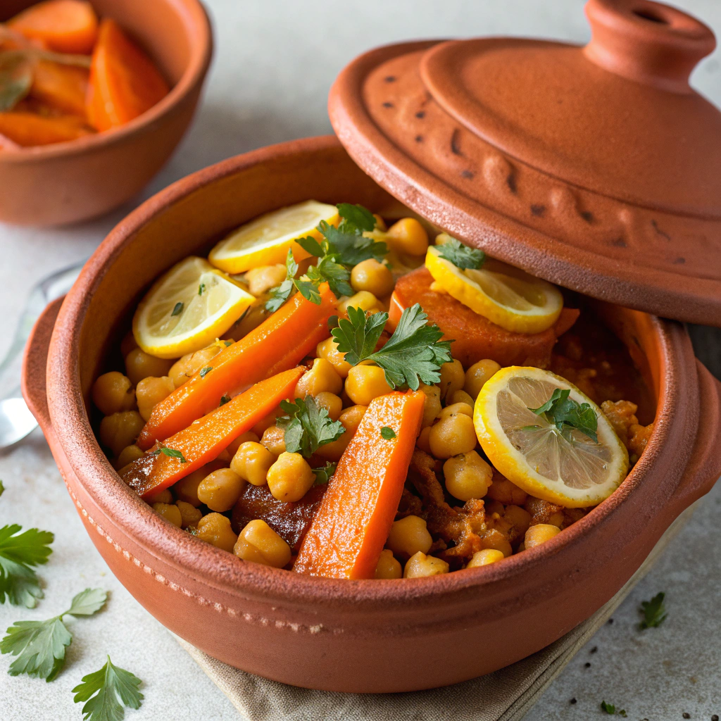 Spiced Carrot and Harissa Chickpea Tagine with Preserved Lemon Carrot and Harissa Chickpea Tagine