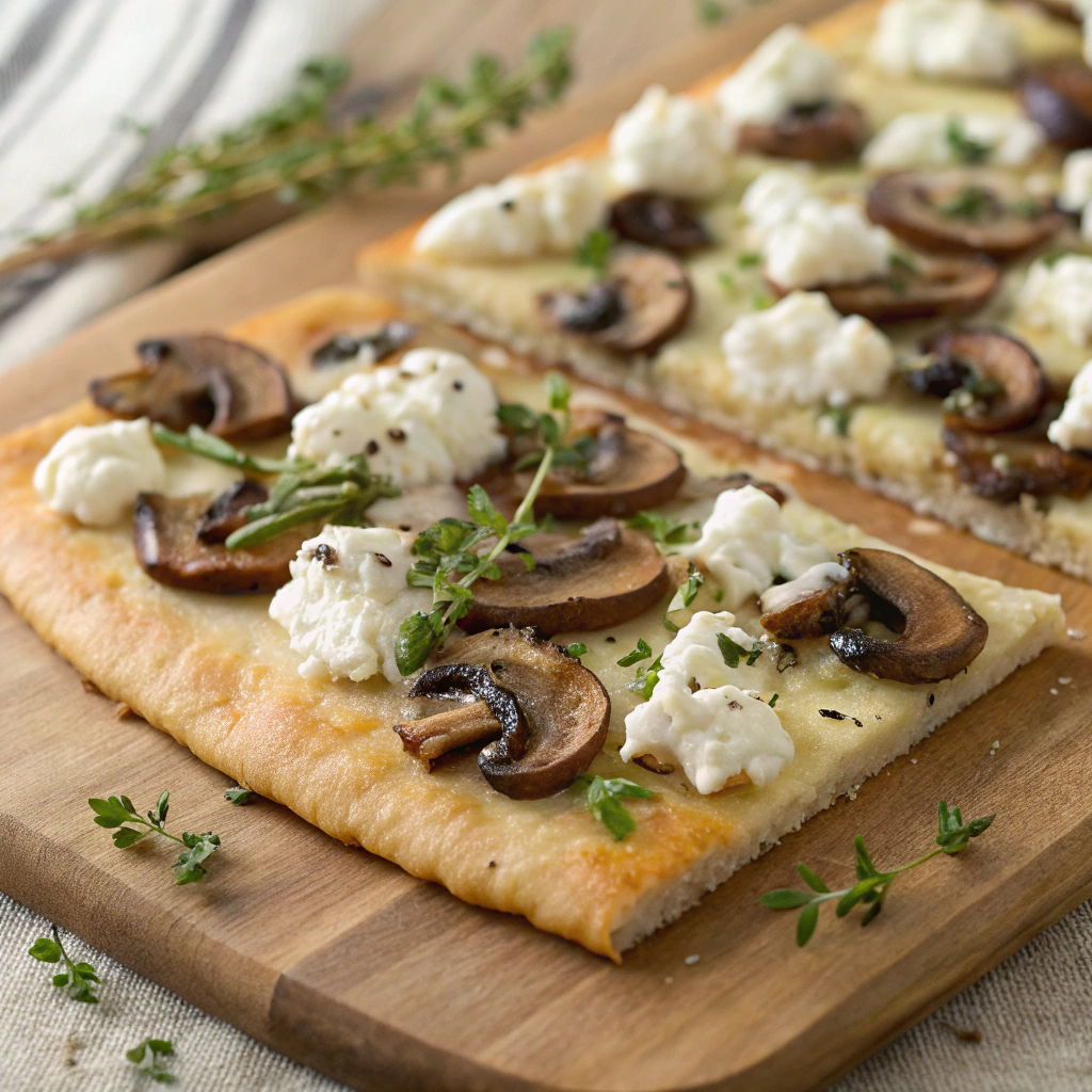 Savory Wild Mushroom and Thyme Flatbread with Goat Cheese Crumble wild mushroom and thyme