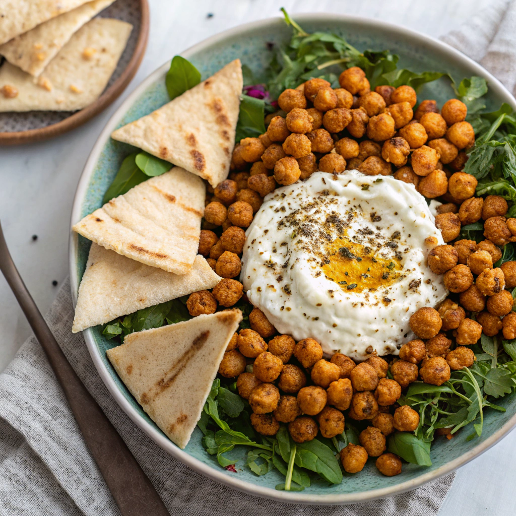 Za’atar Spiced Roasted Chickpeas with Whipped Feta and Crispy Pita Chips Spiced Roasted Chickpeas