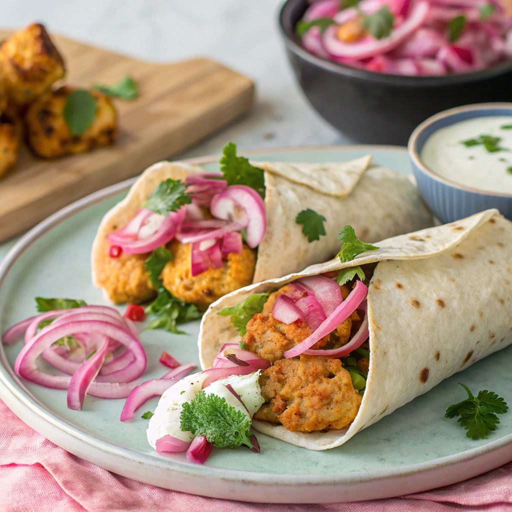 Baked Cauliflower Tikka Wraps with Mint Yogurt and Pickled Onion Cauliflower Tikka Wraps with Mint Yogurt and Pickled Onion