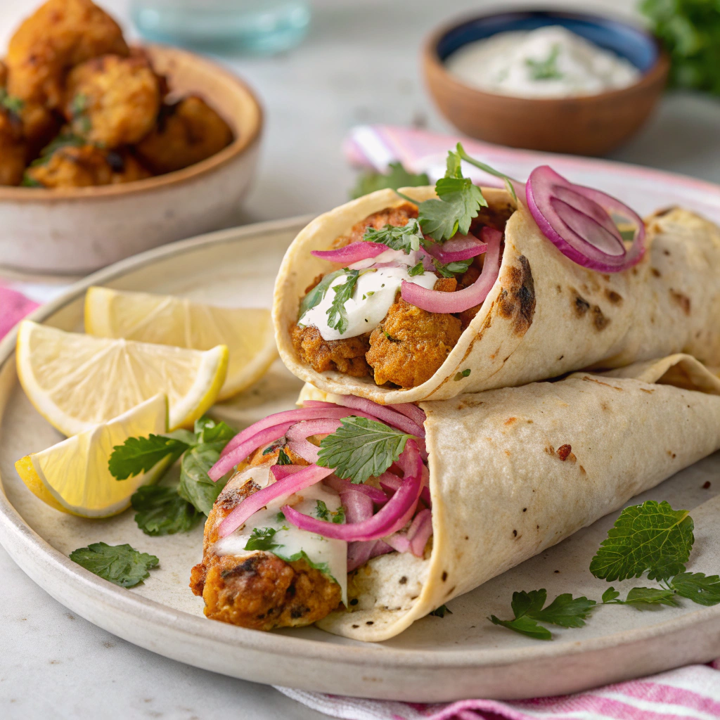 Cauliflower Tikka Wraps with Mint Yogurt and Pickled Onion