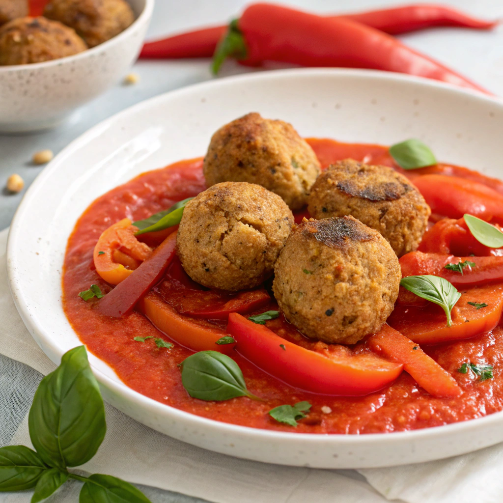 Savory Baked Tofu Meatballs with Roasted Red Pepper Sauce Baked Tofu Meatballs