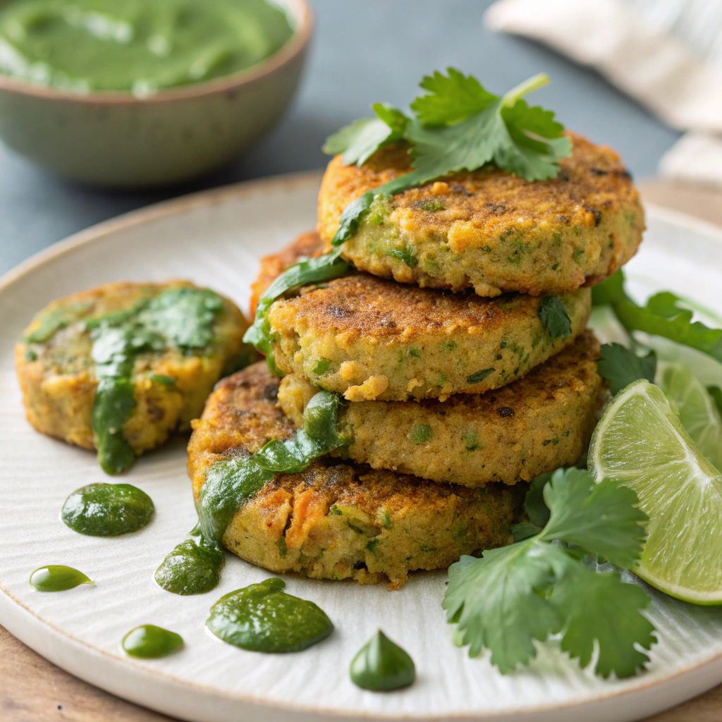 Crispy Chickpea and Quinoa Patties with Zingy Cilantro Sauce chickpea and quinoa patties