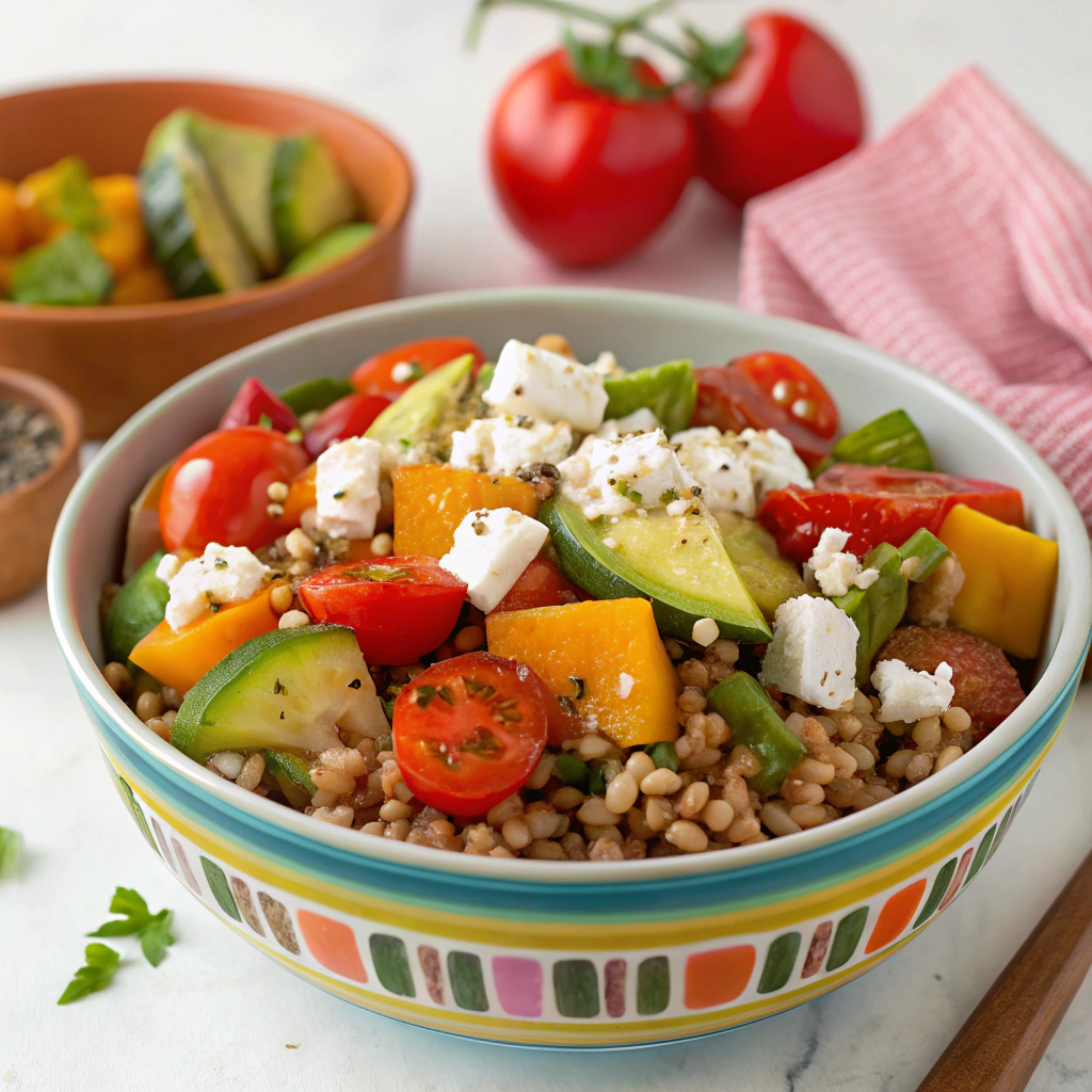 Colorful Vegetarian Power Bowl with Farro, Roasted Veggies & Feta vegetarian power bowl