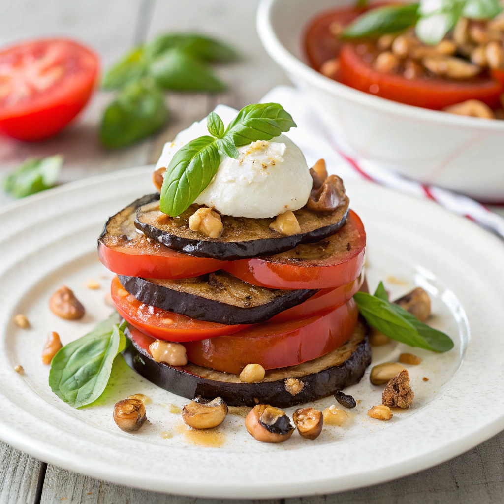 Grilled Eggplant and Tomato Stack with Basil Cashew Cream grilled eggplant and tomato stack