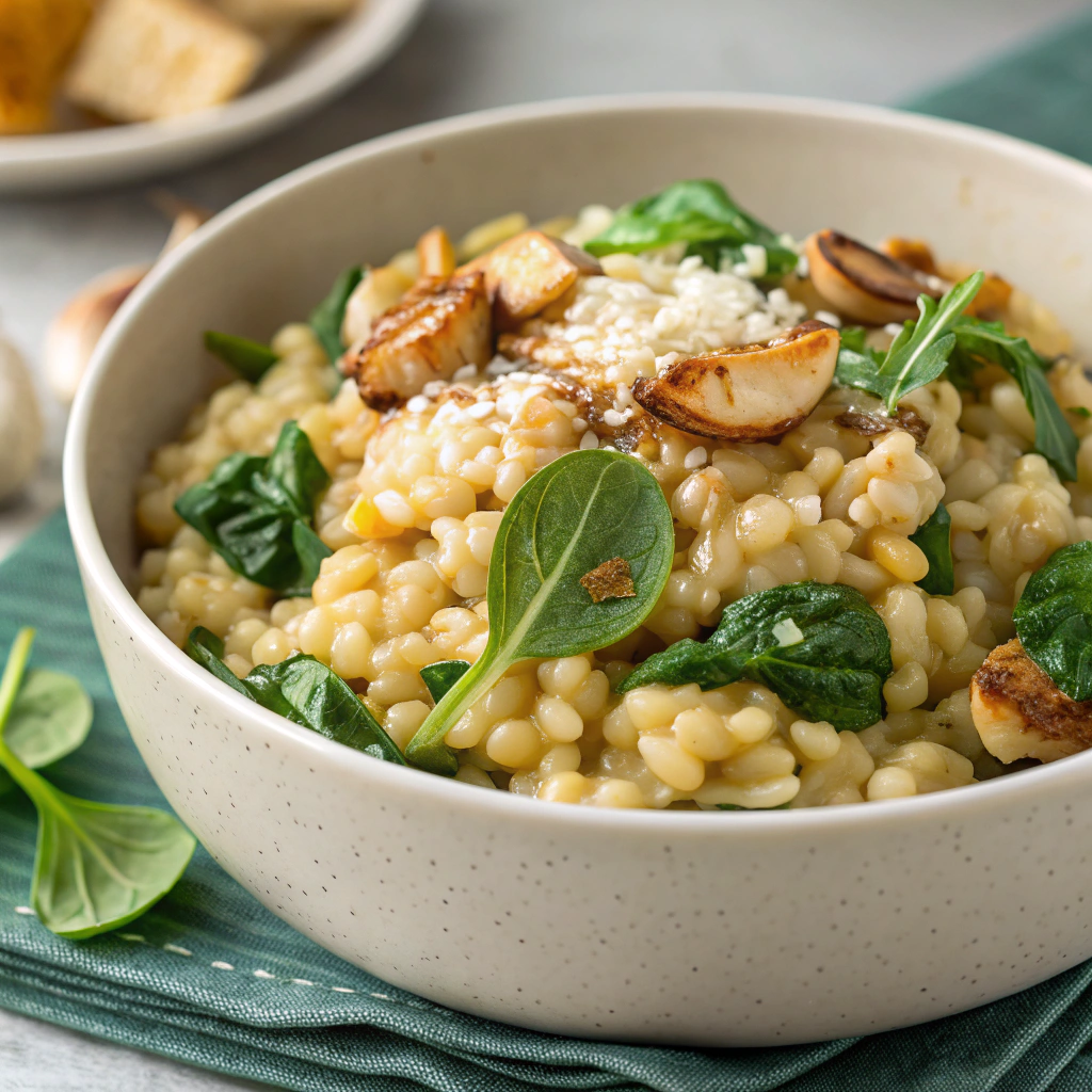 Creamy Pearl Barley and Roasted Garlic Risotto with Spinach Barley and Roasted Garlic Risotto with Spinach