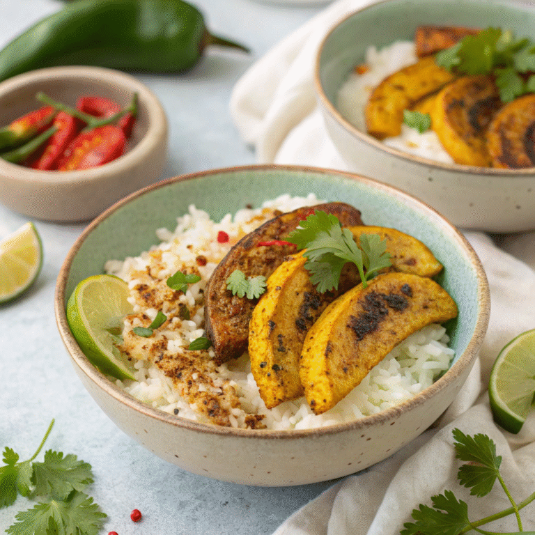 Savory Jamaican Jerk Plantain Bowls with Coconut Rice