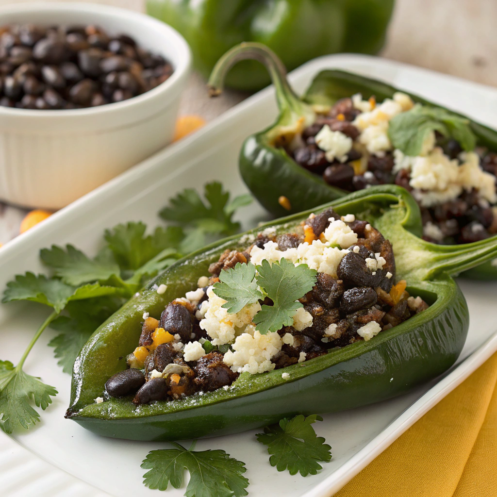 Stuffed Poblano Peppers with Black Beans and Cotija Cheese Stuffed Poblano Peppers with Black Beans and Cotija